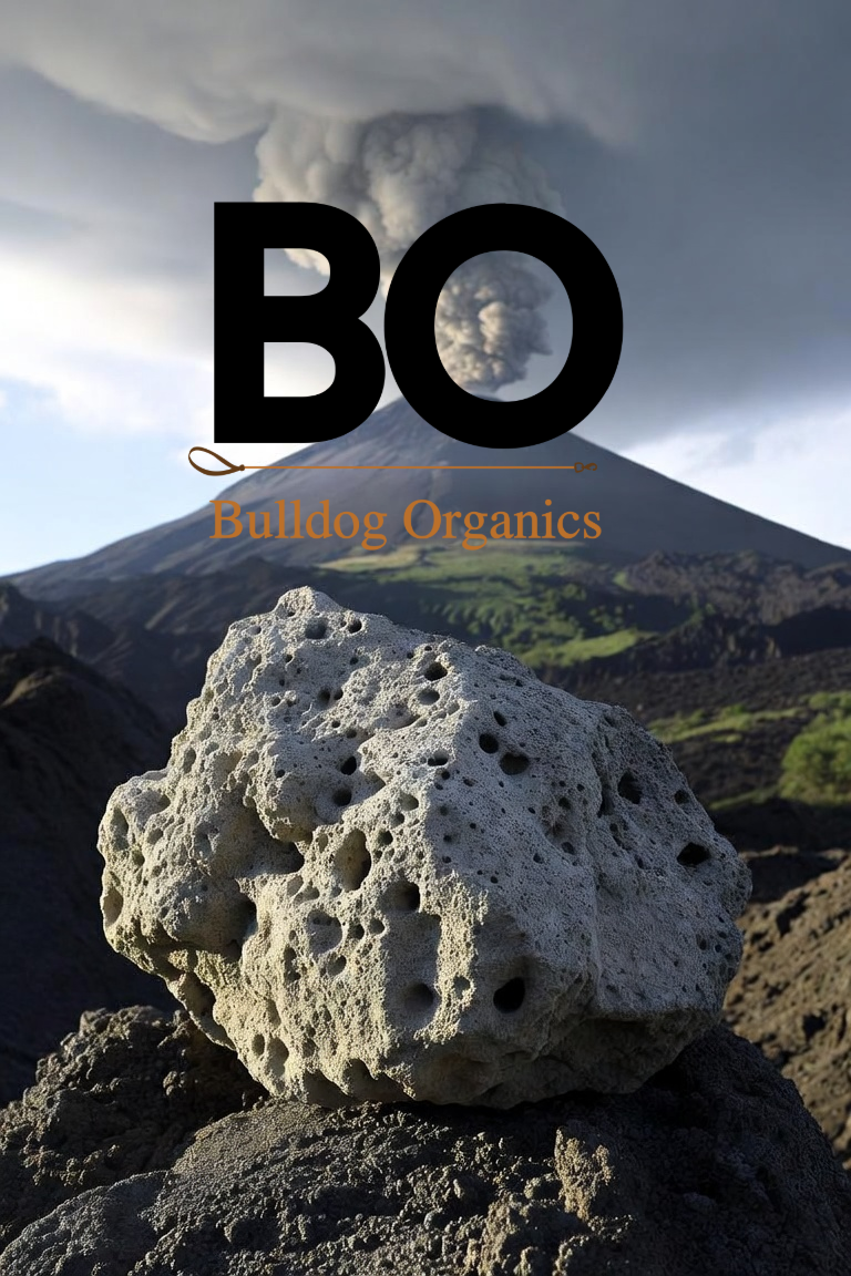 Volcanic landscape with a large porous pumice rock in the foreground, an erupting volcano in the background, and the Bulldog Organics BO logo overlaid.