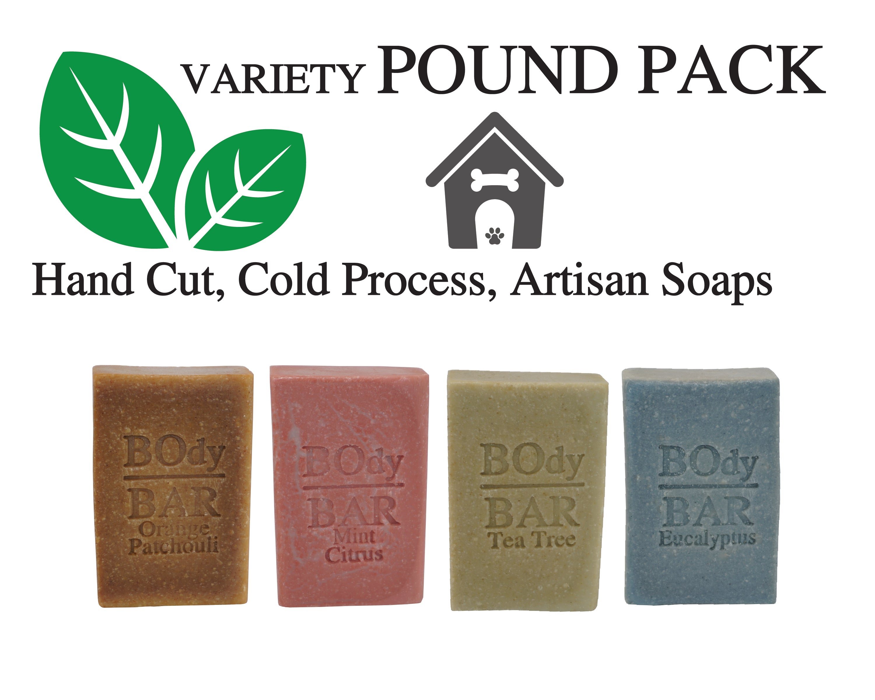 VARIETY POUND PACK, Natural Men's BOdy Bar Soap - Cold Process Soaps with NO HARSH or SYNTHETIC Ingredients – Orange Patchouli, Citrus Mint, Tea Tree & Eucalyptus (4oz, 4-Pack)