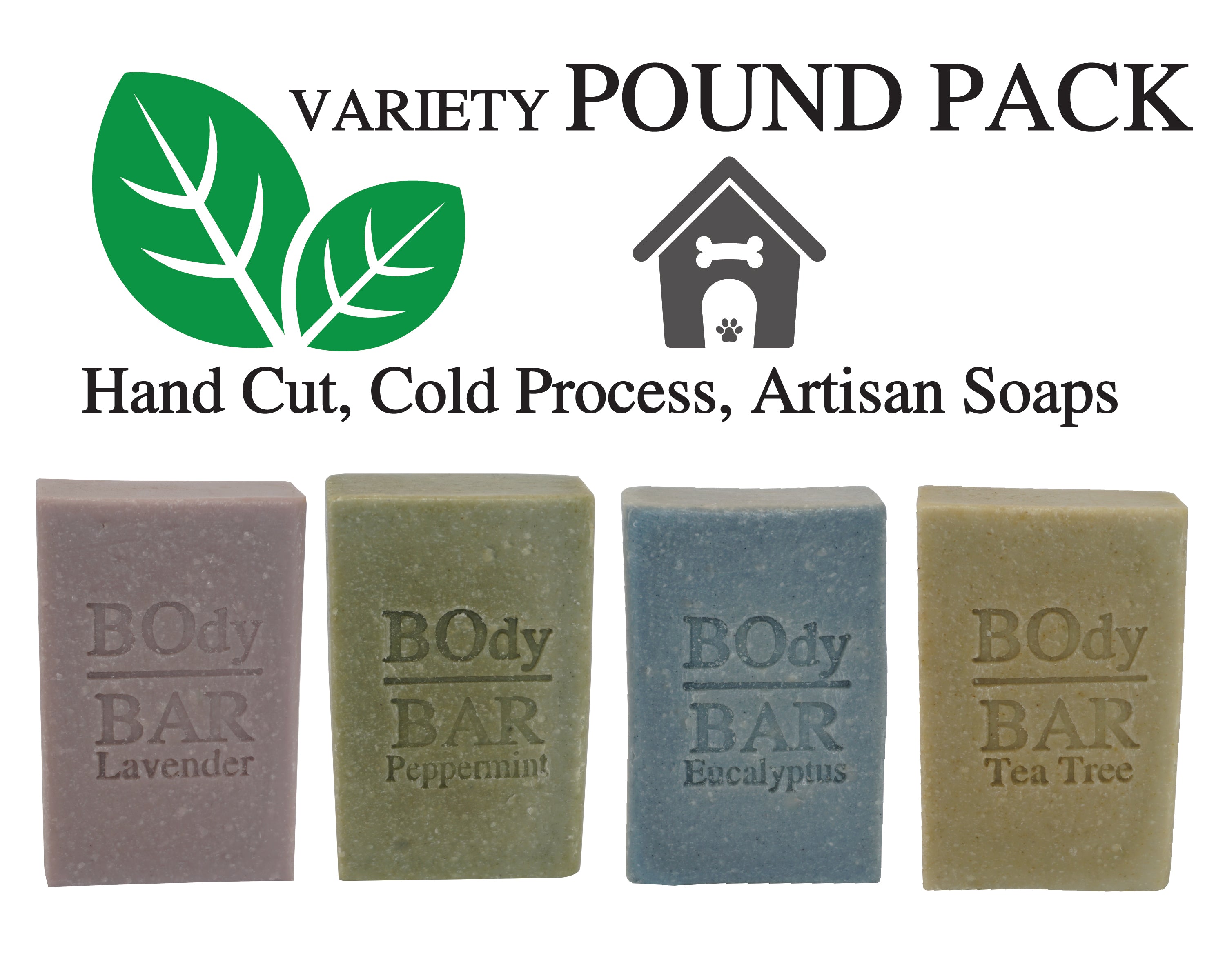 VARIETY POUND PACK, Natural Men's BOdy Bar Soap - Cold Process Soaps with NO HARSH or SYNTHETIC Ingredients - Lavender, Peppermint, Eucalyptus & Tea Tree (4oz, 4-Pack)