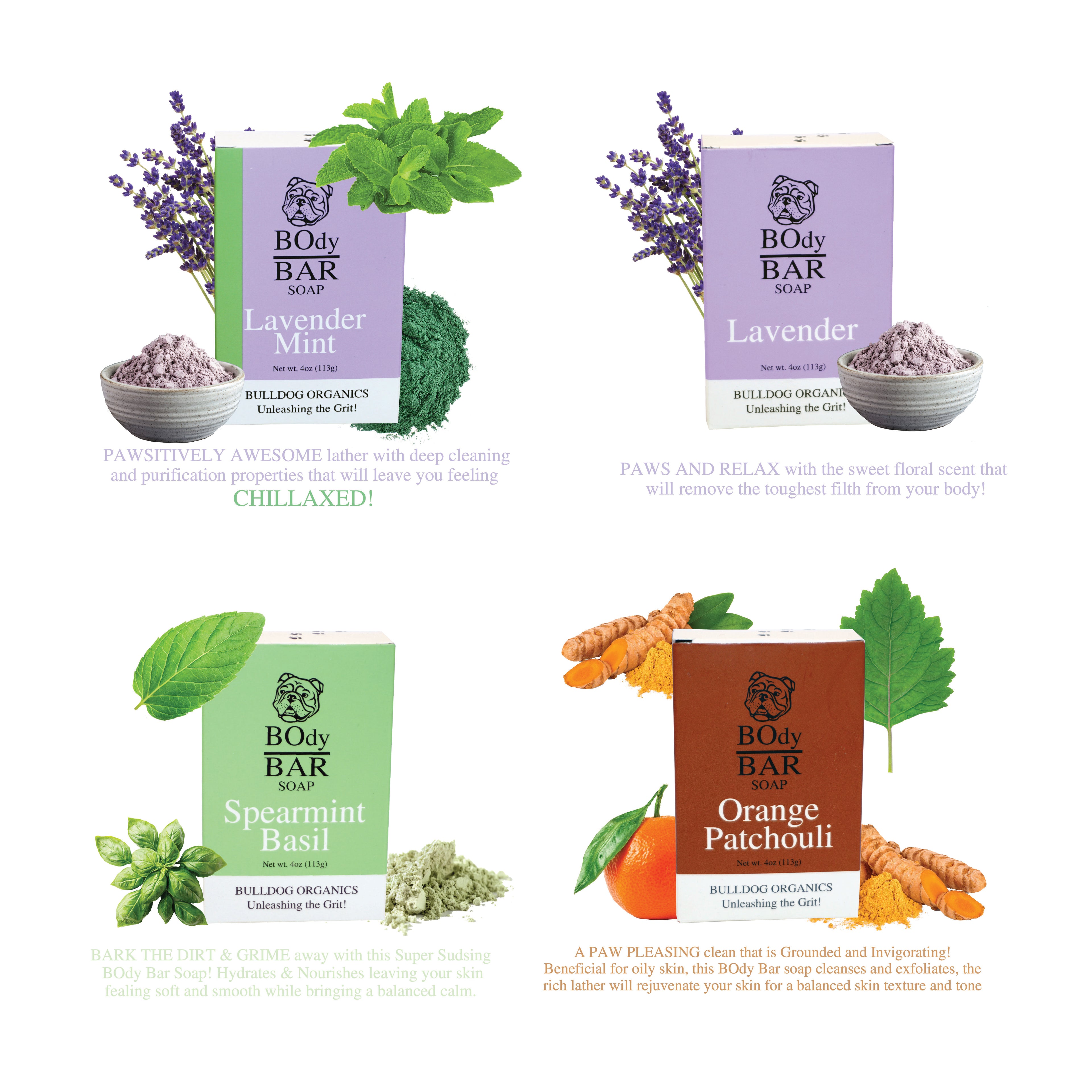 VARIETY POUND PACK, Natural Men's BOdy Bar Soap - Cold Process Soaps with NO HARSH or SYNTHETIC Ingredients - Lavender Mint, Lavender, Spearmint Basil & Orange Patchouli (4oz, 4-Pack)