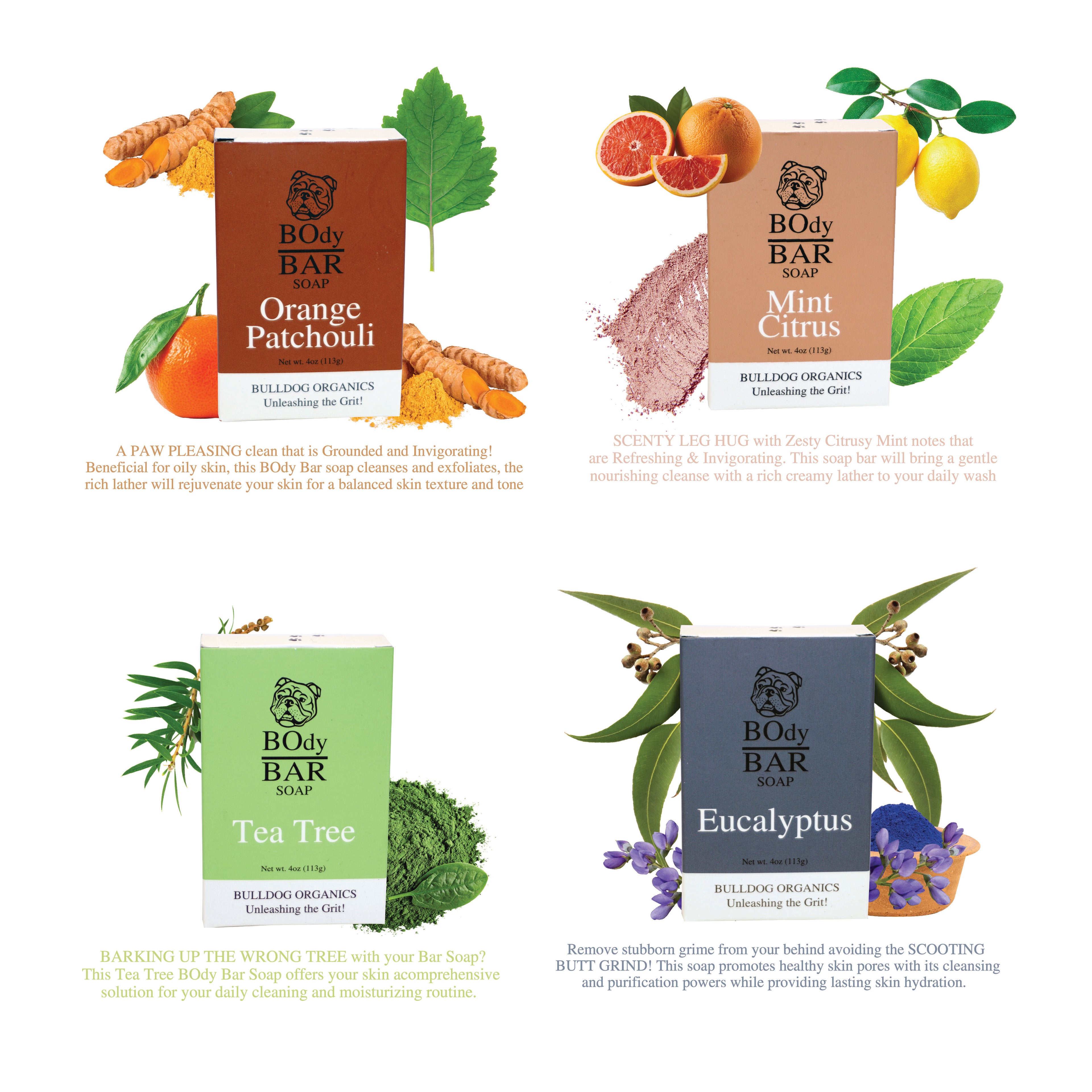VARIETY POUND PACK, Natural Men's BOdy Bar Soap - Cold Process Soaps with NO HARSH or SYNTHETIC Ingredients – Orange Patchouli, Citrus Mint, Tea Tree & Eucalyptus (4oz, 4-Pack)