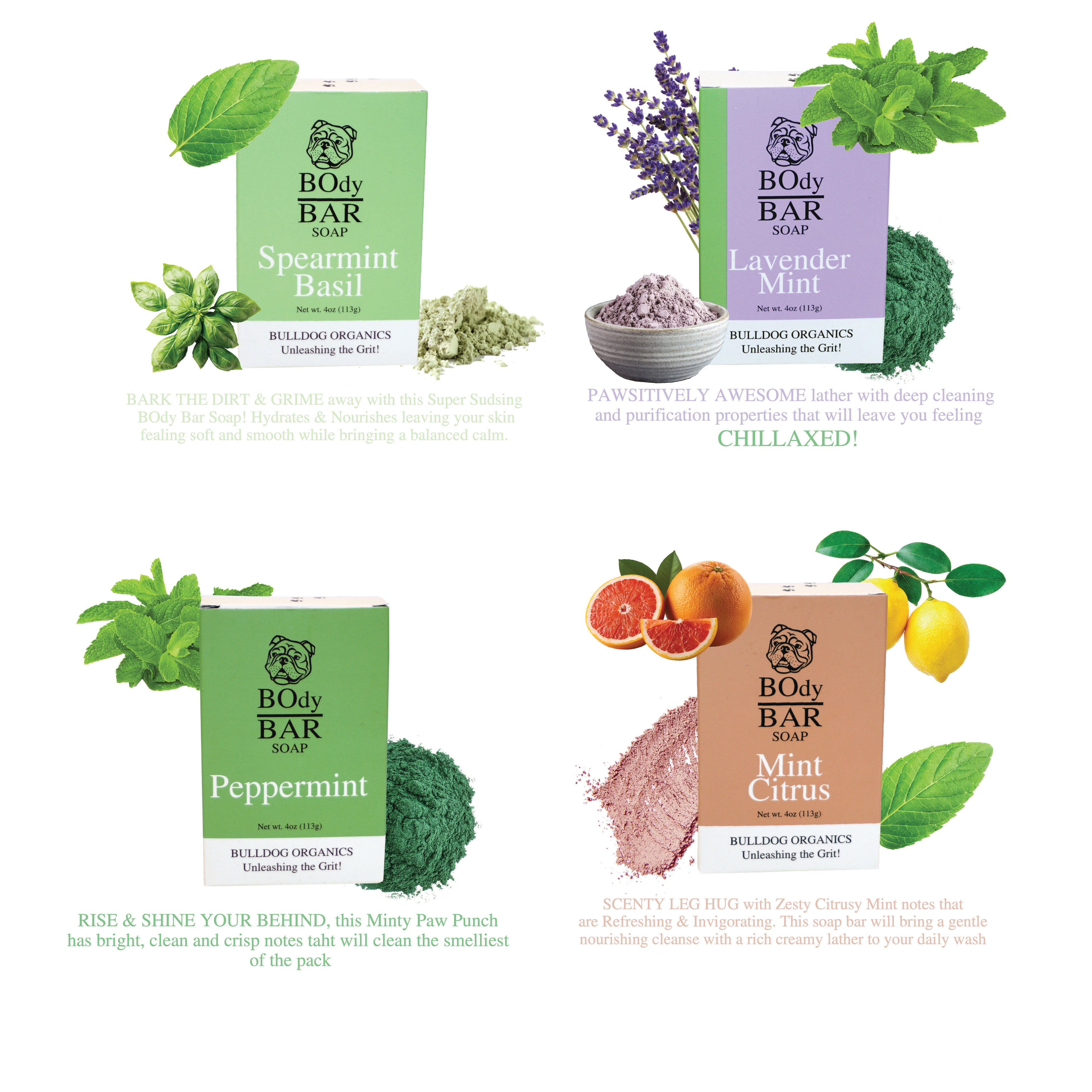 BO’s VARIETY POUND PACK, Natural Men's BOdy Bar Soap - Cold Process Soaps with NO HARSH or SYNTHETIC Ingredients - Spearmint Basil, Lavender Mint, Peppermint & Citrus Mint (4oz, 4-Pack)